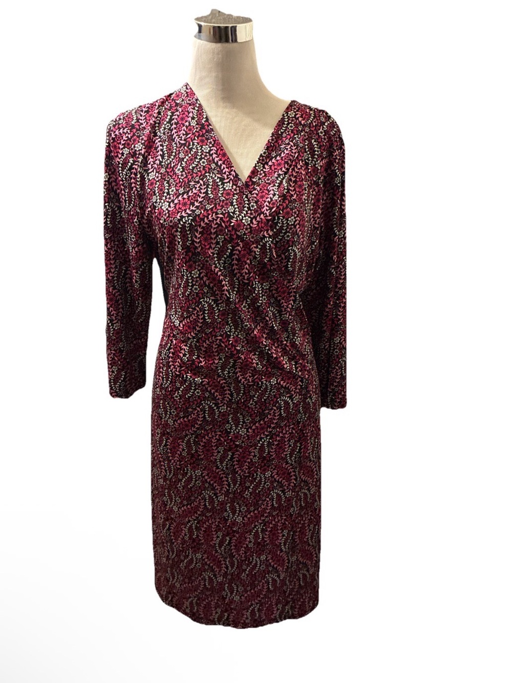 Talbots Fitted V-Neck Long Sleeve Pink Patterned Dress XL